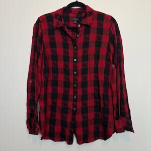 Talbots plaid button up flannel blouse rayon scotty dog md fall lumberjack